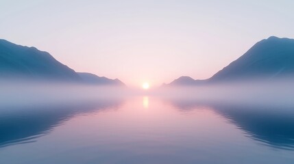 Fototapeta premium Mist-covered lake at dawn, serene summer landscape reflecting mountains, soft hues of sunrise, tranquil atmosphere, gentle ripples on water, nature's calm embrace.