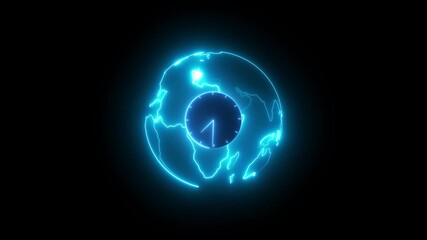 Neon earth planet with time clock animation. Concept seamless looping  on black background. - Powered by Adobe