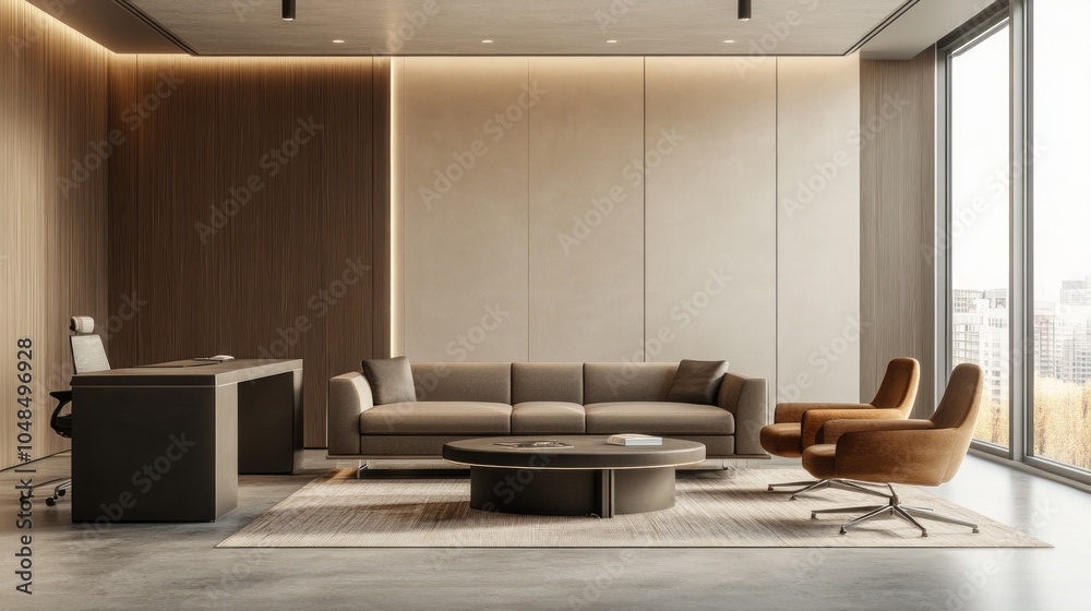 Poster a modern office with a large window and a brown couch