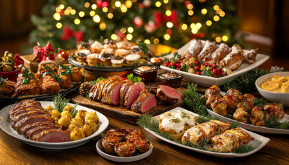 Obraz premium A festive spread featuring various holiday dishes and desserts, perfect for celebrations.