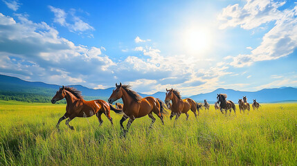 Fototapeta premium Wide-open prairie with wild horses galloping through tall grass, under a vast blue sky filled with fluffy clouds and the distant silhouette of mountains.