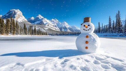 Obraz premium A snowman stands on a frozen lake, surrounded by gently falling snowflakes. Pine trees and mountains in the distance add a peaceful winter backdrop.