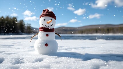 Fototapeta premium A snowman stands on a frozen lake, surrounded by gently falling snowflakes. Pine trees and mountains in the distance add a peaceful winter backdrop.