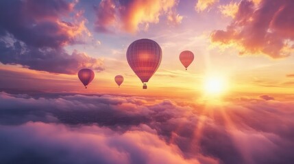 Obraz premium A mesmerizing view of hot air balloons rising into a vibrant sunset sky, with rays of sunlight breaking through the clouds above the landscape