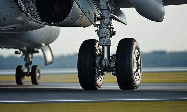 Close-up of aircraft landing gear on a runway, highlighting engineering and aviation technology.