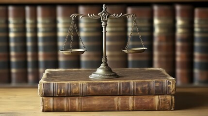 A scale of justice rests on top of two antique law books, with a bookshelf full of other law books in the background.