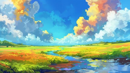 A vibrant landscape with colorful fields, a winding river, and dramatic clouds during the day in a serene natural setting