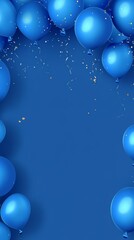 Festive Blue Balloons Border with Confetti on Solid Blue Background