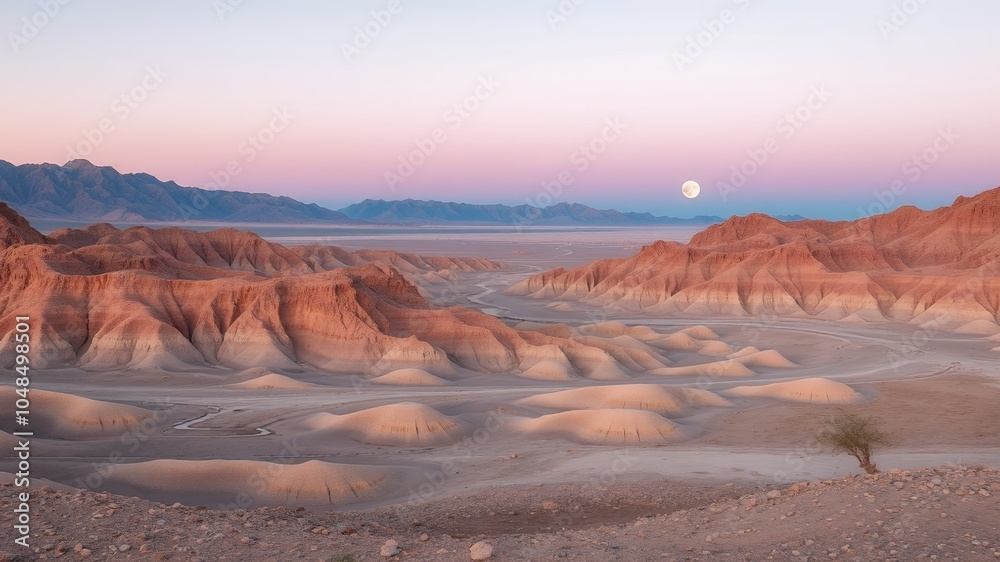 Poster A desert landscape with red hills and a full moon.