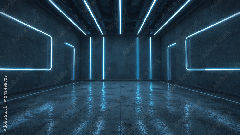 Poster Futuristic room with blue neon lights