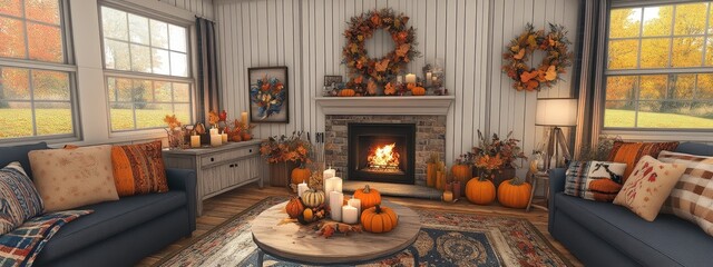 Fototapeta premium Cozy Thanksgiving Living Room, Warm Fall Decor, Festive Table Setting, Fireplace, Pumpkins, Fall Foliage, Autumn Vibes, Thanksgiving Decor Ideas, Home Decor Inspiration