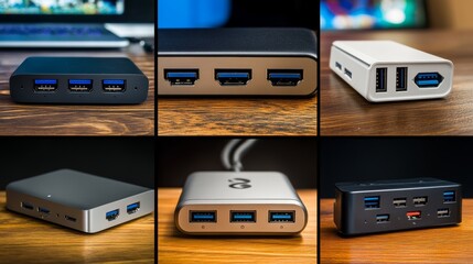 Obraz premium A Visual Guide to USB Hub Variety.Concept Product Comparison, Technology, Gadgetry