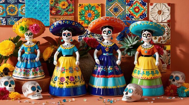 Ceramic catrinas and skulls in a Day of the Dead setting with traditional Mexican art patterns.