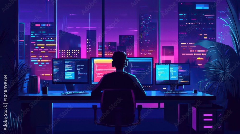 Aufkleber a programmer working late at night in a futuristic office overlooking a neon cityscape.