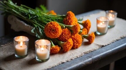 Marigold wreath with candles representing respect for the departed and remembrance.