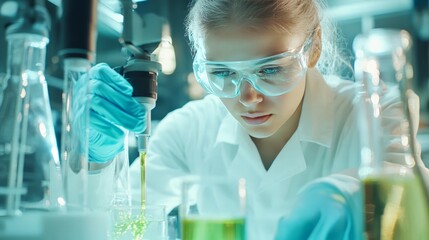 Chemical engineer in a lab, wearing protective gear, carefully mixing solutions to create a new material for sustainable packaging.