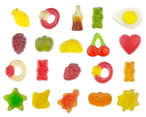 Big collection of isolated gummy candies.