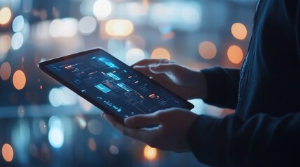 A person is holding a tablet with a screen displaying a cityscape