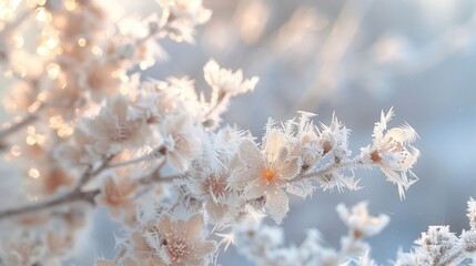 Naklejka premium Close-up of delicate white flowers covered in frost with a soft, blurred background.