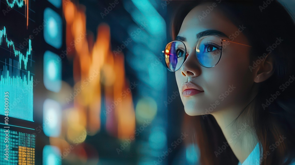 Poster a young woman wearing glasses looks intently at a large screen displaying data visualizations in a f