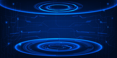 Vector illustrations of Futuristic  digital technology stage with glowing blue pedestal podium stage layout for hi tech showcase.Digital tech concept. © Alleachday