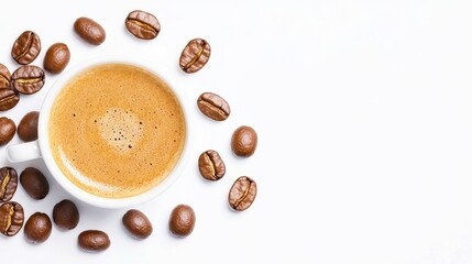 Obraz premium Coffee Moments, animated words emerge from roasted beans, a cup of espresso sits against a white backdrop, capturing the essence of a delightful coffee break.