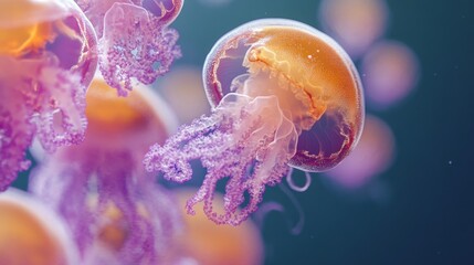 A close-up of a purple and orange jellyfish swimming in an aquarium.