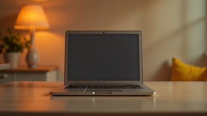 Fototapeta premium An Elegant Laptop on a Contemporary Table Surrounded by Minimalistic Decor and Warm Lighting