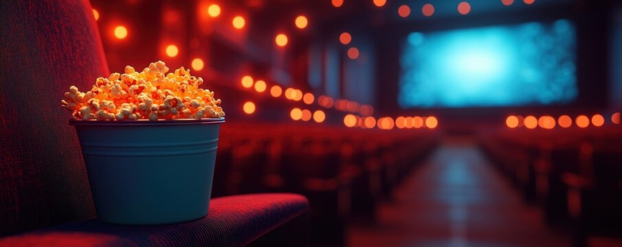A bucket of popcorn on a theater seat, warm lights illuminating a cinematic experience.