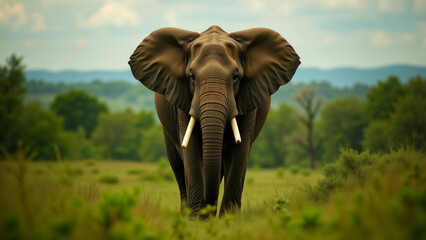 Fototapeta premium The Majesty of Nature: A Grand Elephant Standing Proudly in Its Lush Natural Habitat.