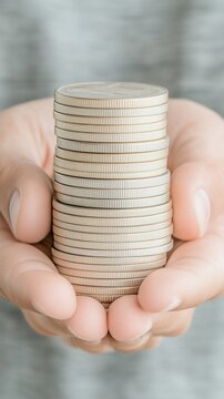 A person holding a stack of coins, symbolizing savings and investment, with a soft focus background.