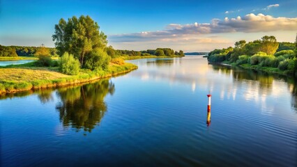 Tranquil riverscape with river bend, coastline, shore, navigation mark, medium shot
