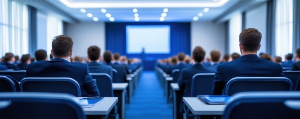 Naklejka premium Audience seated in a modern conference room, focused on presentation, professional setting.