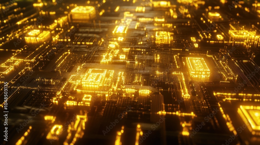 Poster abstract golden circuit board with glowing lines and squares