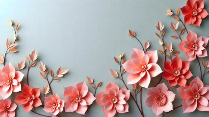 A paper art piece using colored paper to create a harmonious and three-dimensional arrangement of pink flowers and leaves on a bright blue wall