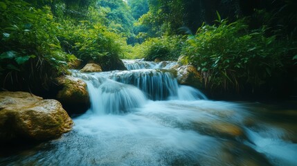 Serene Mountain Stream Flowing Through Lush Greenery
