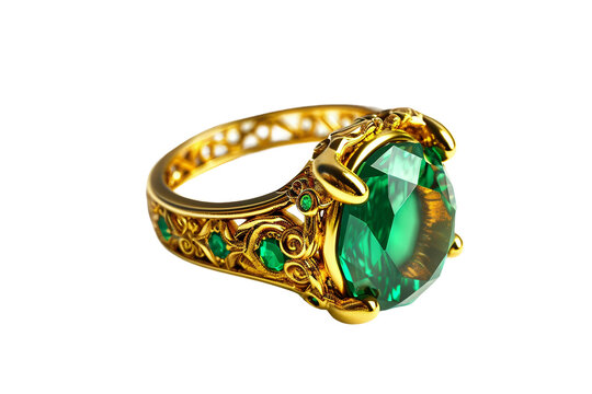 Intricate emerald and gold statement ring isolated on transparent background