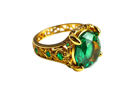 Intricate emerald and gold statement ring isolated on transparent background