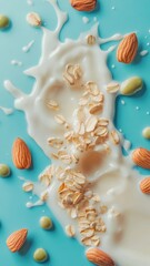 Obraz premium Fresh milk or yogurt splash swirl with oats, almonds,cereals, hazelnuts,cornflakes,Healthy breakfast meal,milkshake,yogurt spiral,diet drink,Organic vegan liquid,copy space.