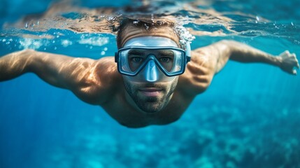 Fototapeta premium A man in a wet suit is swimming underwater with his face covered by a mask