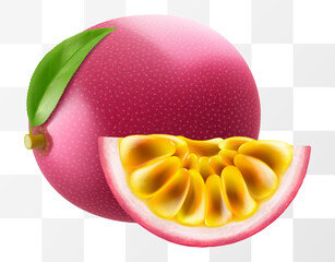 Passion fruit whole fruit and slice isolated on transparent background. Ripe purple passion fruit or passiflora edulis for package design. Realistic 3d Vector illustration of tropical fruits.