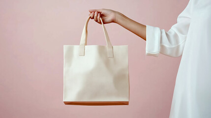 A close-up view of a woman's hand elegantly holding a stylish shopping bag against a soft pink backdrop