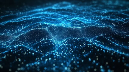 Abstract Blue Digital Waves with Glowing Particles