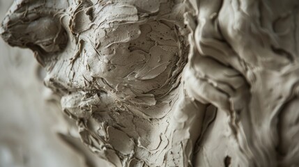 Close up image showing the texture of clay being used to sculpt a human head. The image shows the detail of the material as the artist works