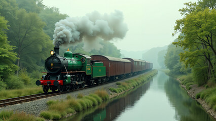 Obraz premium A Vintage Green Locomotive Gracefully Traveling Along a Beautiful River with Trucks on a Parallel Rail, Showcasing Nature and Industry