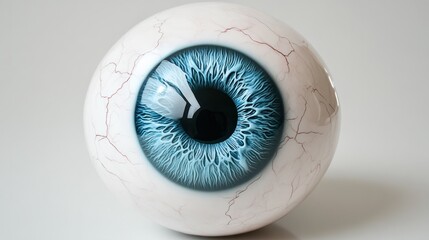A close-up of a fake eyeball with a blue iris.
