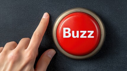A red button with the word "Buzz" written on it and a hand next to it, on gray background