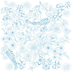 Fototapeta premium Blue color outline on white floral Seamless pattern. Hand drawn botanical garden background