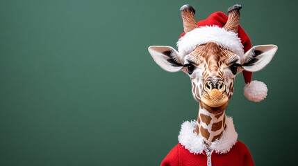 Giraffe in Santa Claus Suit Against Green Background