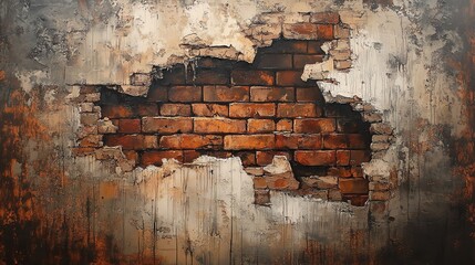 Obraz premium Close-up of a weathered wall with a brick structure exposed through peeling paint.